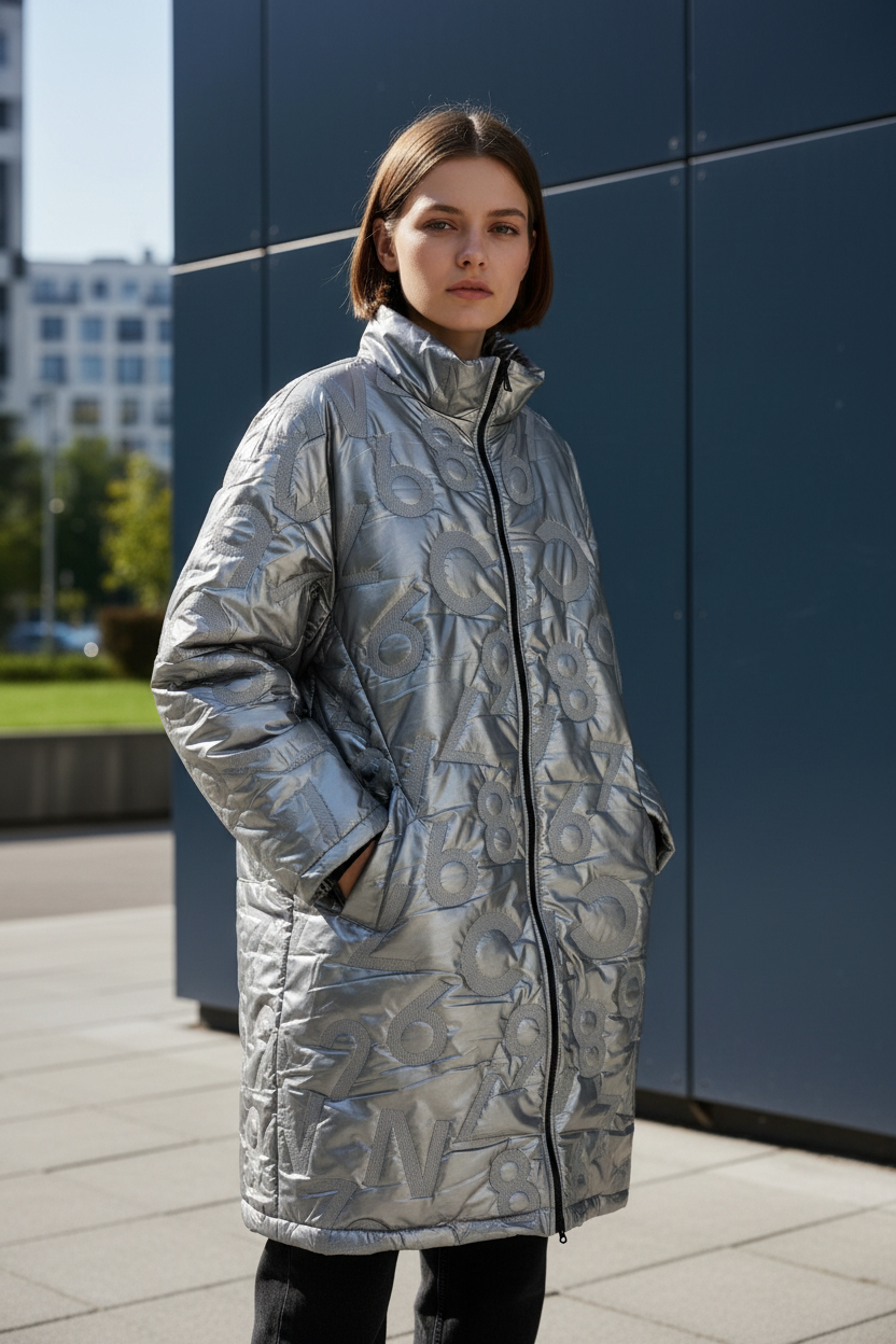 Ασημένιο Παλτό. Μεταλλικό ασημι μπουφαν.