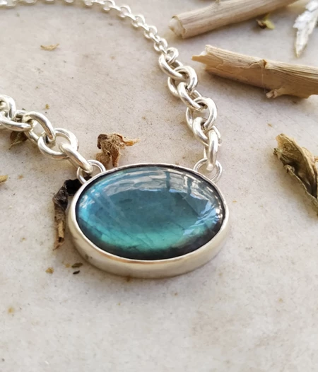 Labradorite necklace sterling silver, chunky crystal jewelry, labradorite chain necklace, oval labradorite, cabochon gem, anniversary gift