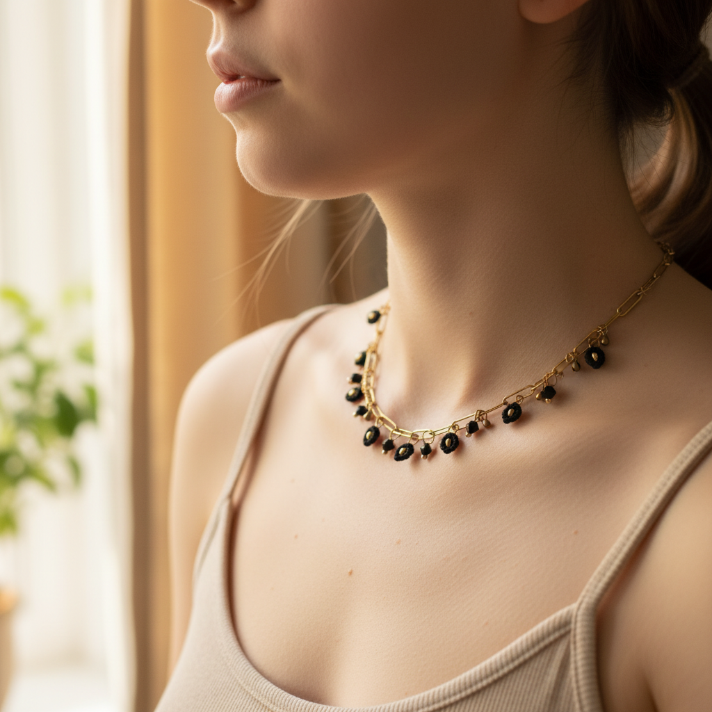 Χειροποίητο κολιέ με μαύρες ή ροζ μακραμέ λεπτομέρειες